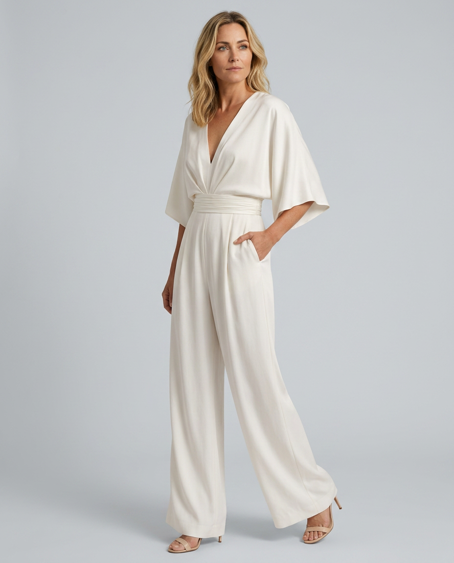 Women's Wide-Leg Jumpsuit with V-Neckline and Flutter Sleeves - White