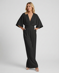 Women's Wide-Leg Jumpsuit with V-Neckline and Flutter Sleeves - Black