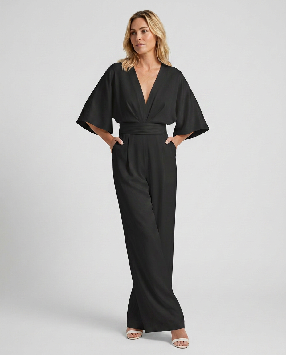 Women's Wide-Leg Jumpsuit with V-Neckline and Flutter Sleeves - Black