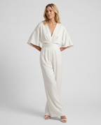 Women's Wide-Leg Jumpsuit with V-Neckline and Flutter Sleeves - 2