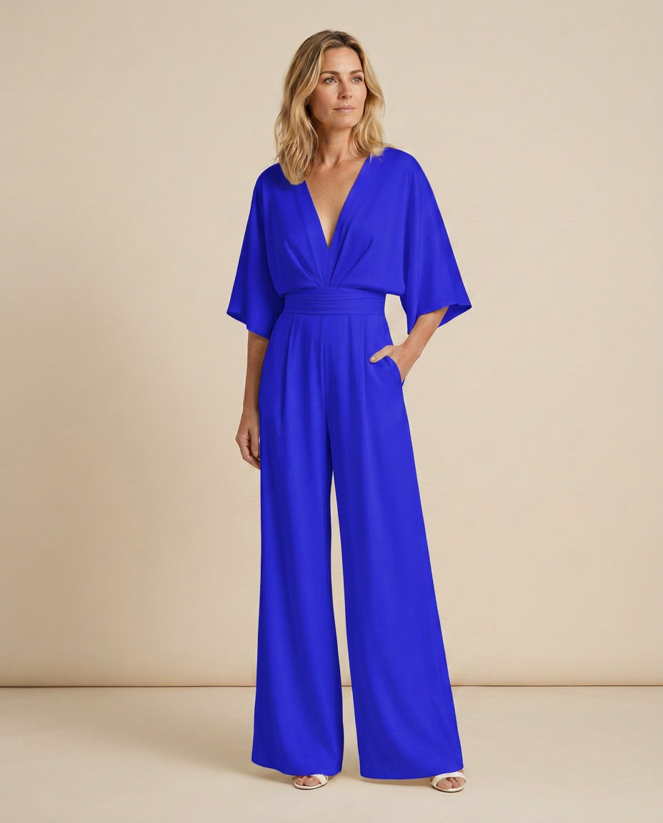 Women's Wide-Leg Jumpsuit with V-Neckline and Flutter Sleeves - 7