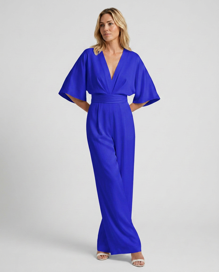 Women's Wide-Leg Jumpsuit with V-Neckline and Flutter Sleeves - Royal Blue