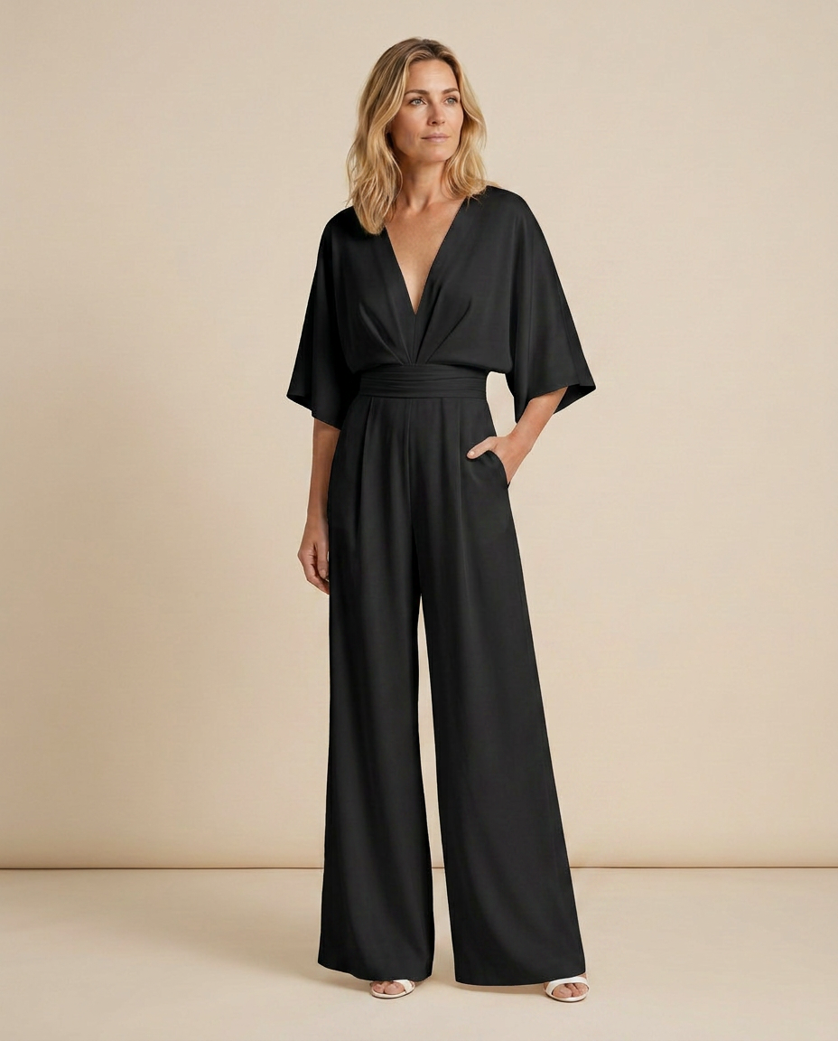 Women's Wide-Leg Jumpsuit with V-Neckline and Flutter Sleeves - 10