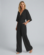 Women's Wide-Leg Jumpsuit with V-Neckline and Flutter Sleeves - 9