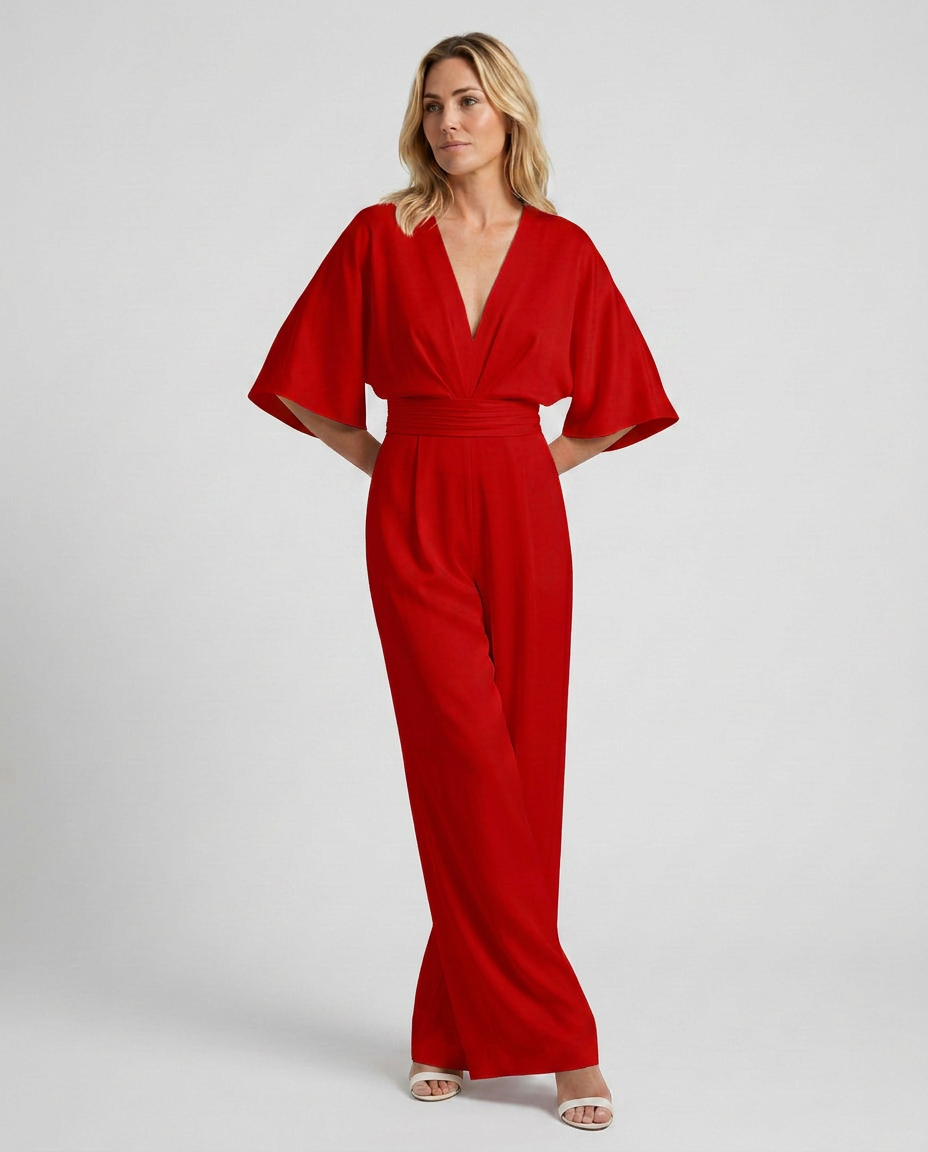 Women's Wide-Leg Jumpsuit with V-Neckline and Flutter Sleeves - Red