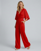 Women's Wide-Leg Jumpsuit with V-Neckline and Flutter Sleeves - 12