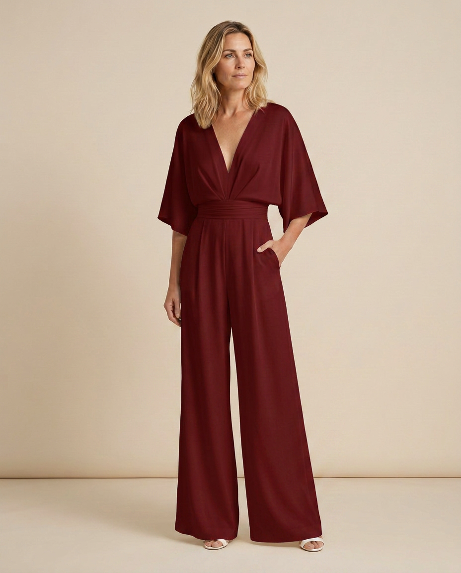Women's Wide-Leg Jumpsuit with V-Neckline and Flutter Sleeves - 15