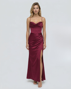 Women's Maxi Dress with Draped Cowl Neckline and Thigh Slit - Wine Red