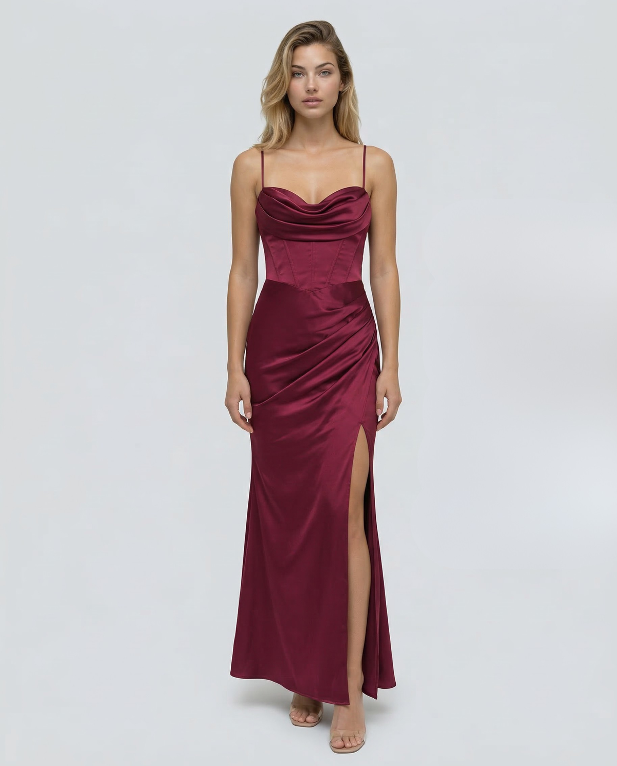 Women's Maxi Dress with Draped Cowl Neckline and Thigh Slit - Wine Red