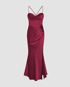 Women's Maxi Dress with Draped Cowl Neckline and Thigh Slit - 12