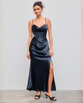 Women's Maxi Dress with Draped Cowl Neckline and Thigh Slit - Navy