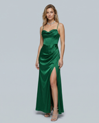 Women's Maxi Dress with Draped Cowl Neckline and Thigh Slit - 2