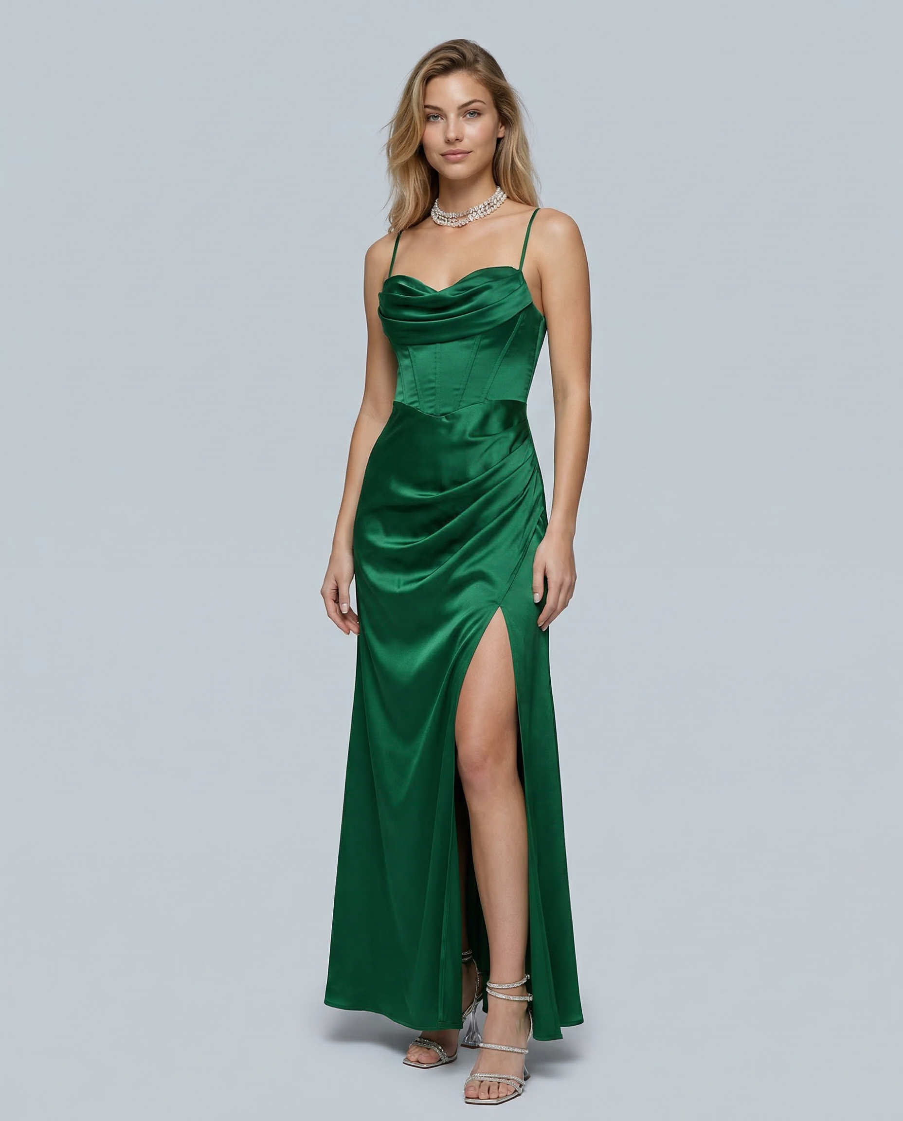 Women's Maxi Dress with Draped Cowl Neckline and Thigh Slit - 2