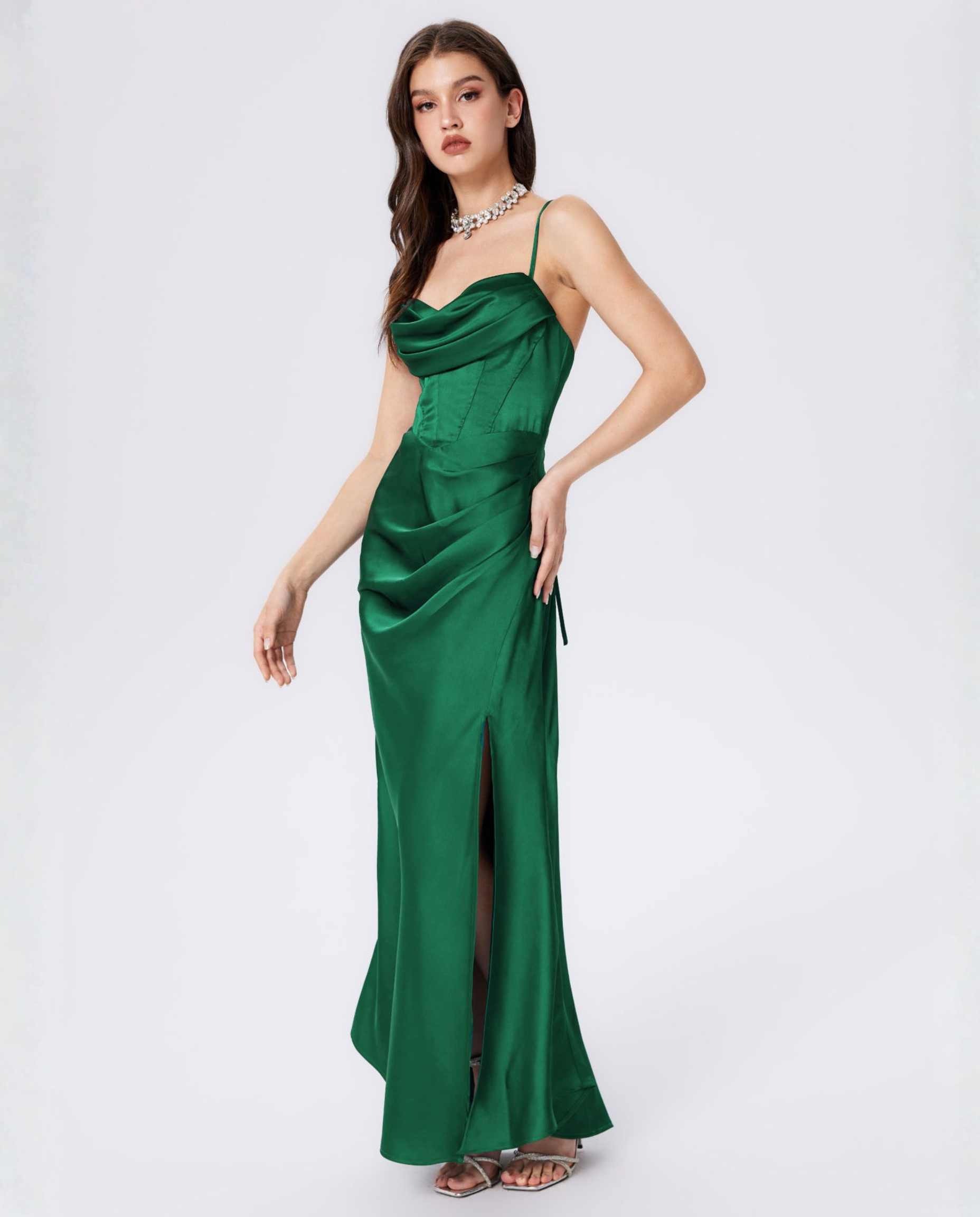 Women's Maxi Dress with Draped Cowl Neckline and Thigh Slit - 4