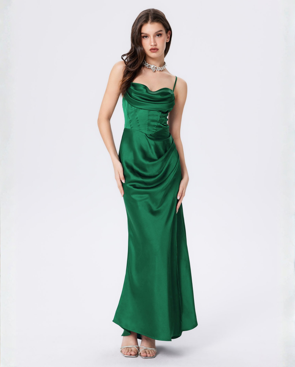 Women's Maxi Dress with Draped Cowl Neckline and Thigh Slit - Green