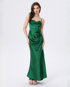 Women's Maxi Dress with Draped Cowl Neckline and Thigh Slit - Green