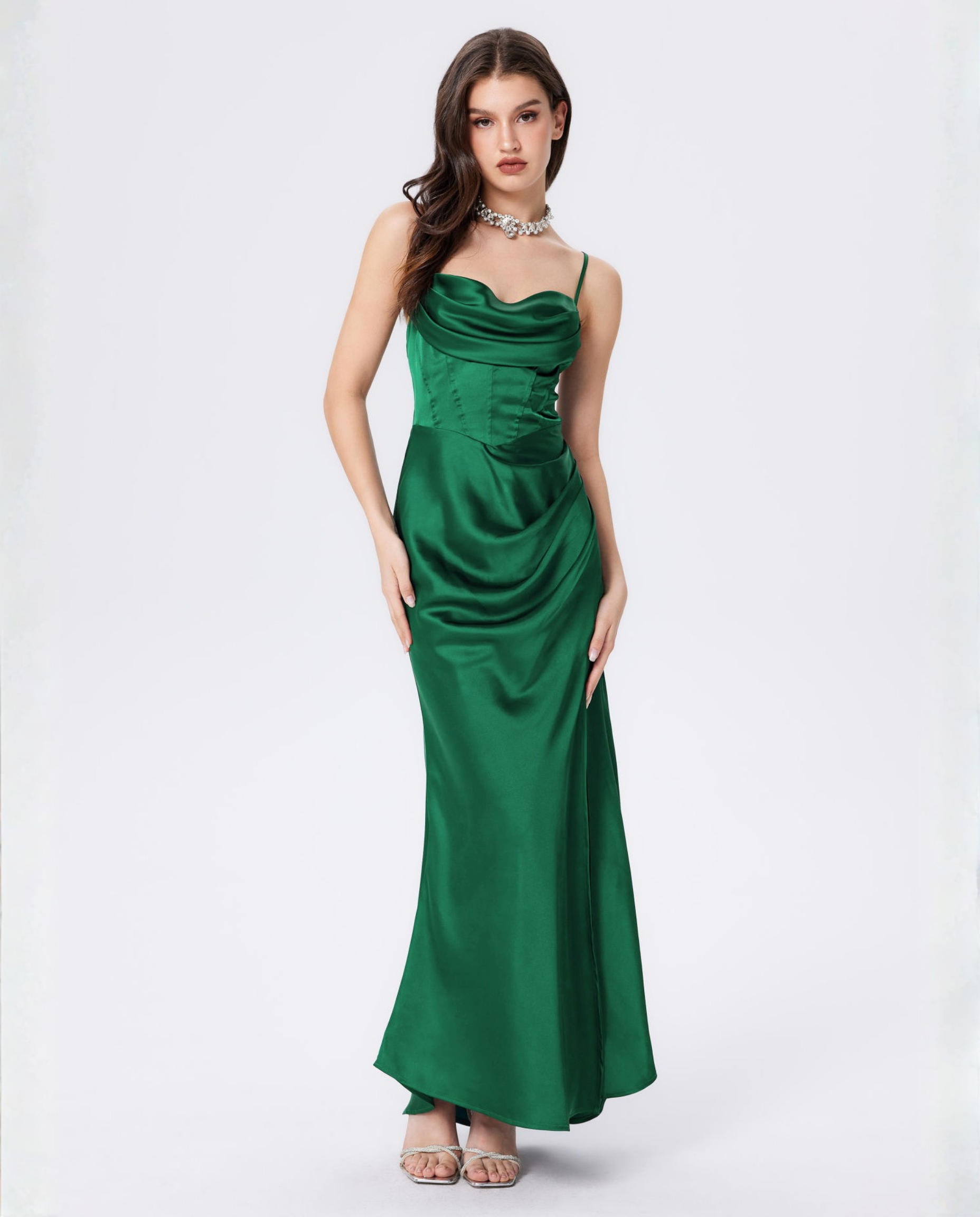 Women's Maxi Dress with Draped Cowl Neckline and Thigh Slit - Green