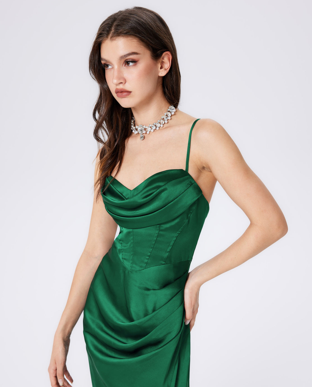 Women's Maxi Dress with Draped Cowl Neckline and Thigh Slit - 7