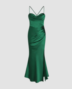 Women's Maxi Dress with Draped Cowl Neckline and Thigh Slit - 8