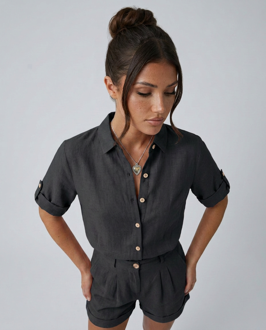 Women's Short Jumpsuit with Button-Front Collar and Rolled Sleeves - 16