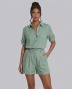 Women's Short Jumpsuit with Button-Front Collar and Rolled Sleeves - 10