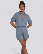 Women's Short Jumpsuit with Button-Front Collar and Rolled Sleeves - Blue