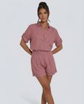 Women's Short Jumpsuit with Button-Front Collar and Rolled Sleeves - Pink