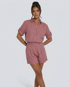 Women's Short Jumpsuit with Button-Front Collar and Rolled Sleeves - Pink