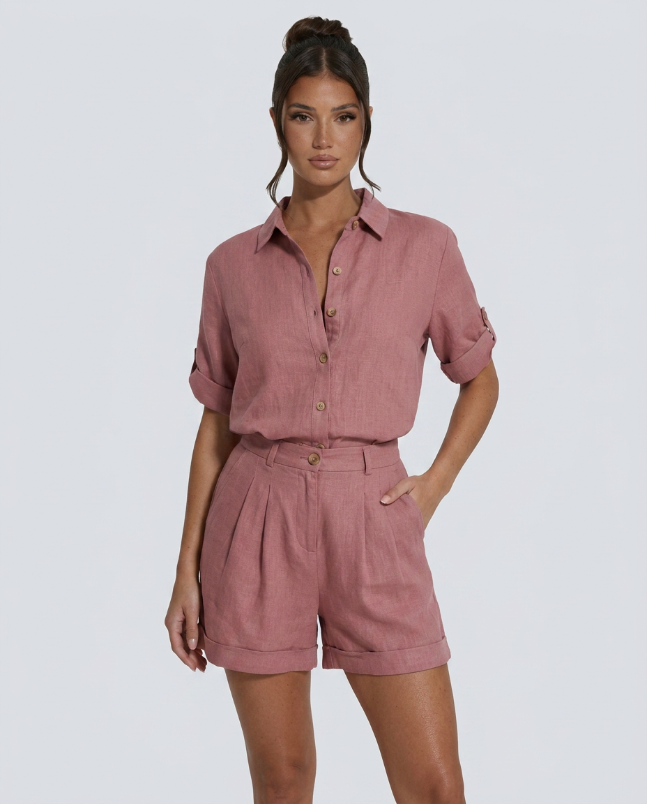 Women's Short Jumpsuit with Button-Front Collar and Rolled Sleeves - 2