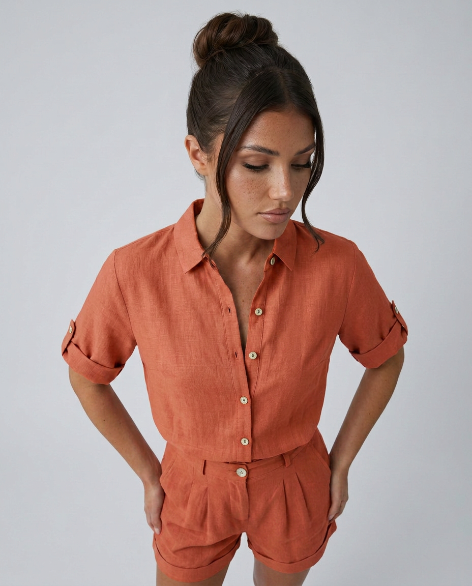 Women's Short Jumpsuit with Button-Front Collar and Rolled Sleeves - Orange
