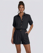 Women's Short Jumpsuit with Button-Front Collar and Rolled Sleeves - 14