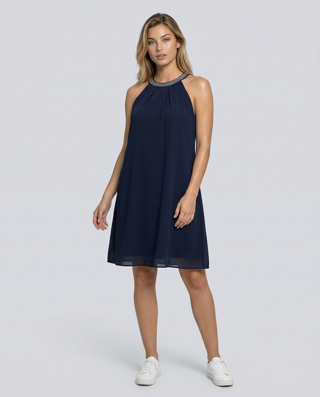 Women's Mini Dress Sleeveless Halter Neck with Embellished Trim and A-line Silhouette - 8