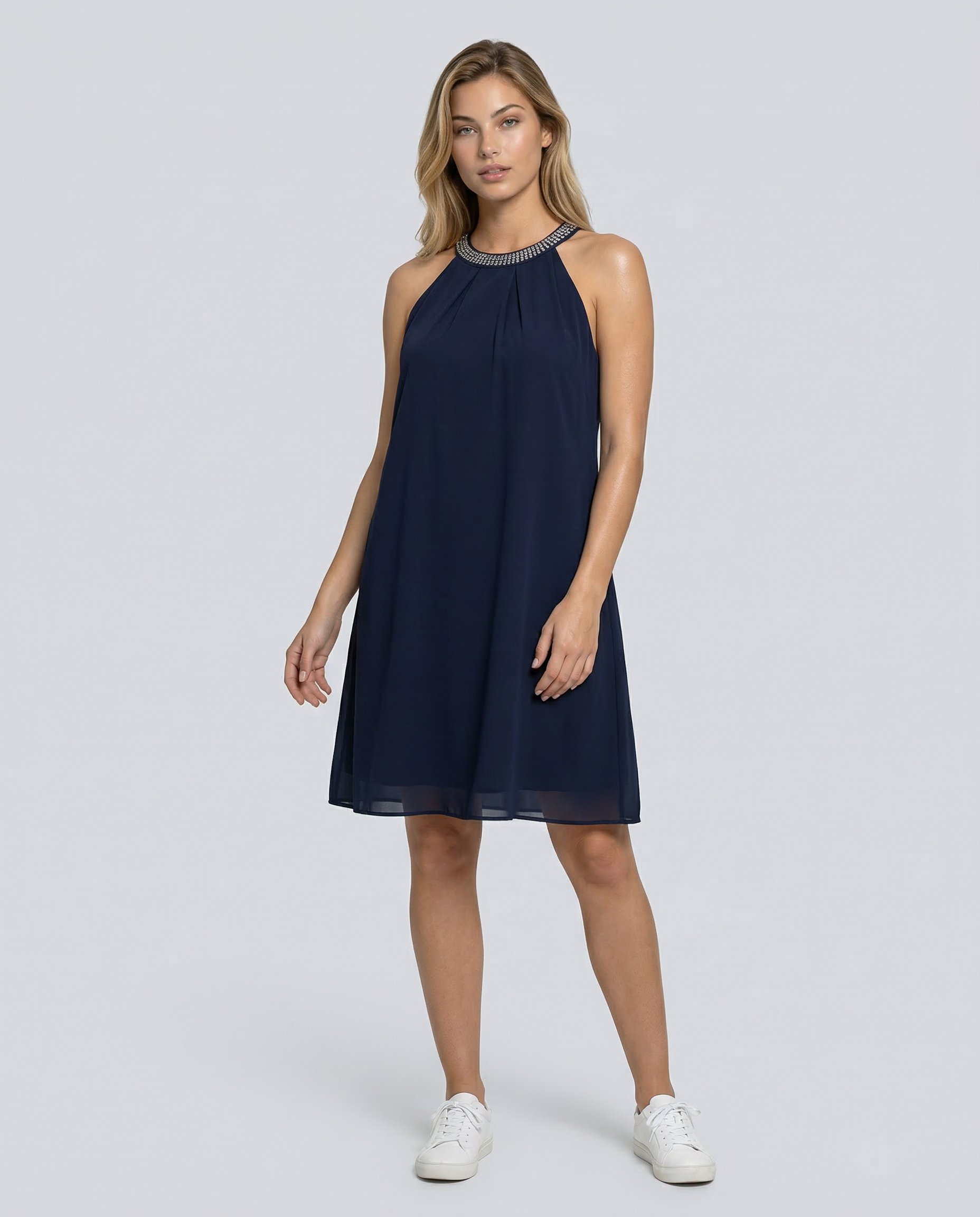 Women's Mini Dress Sleeveless Halter Neck with Embellished Trim and A-line Silhouette - 8