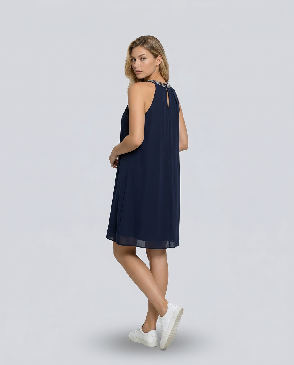 Women's Mini Dress Sleeveless Halter Neck with Embellished Trim and A-line Silhouette - 9
