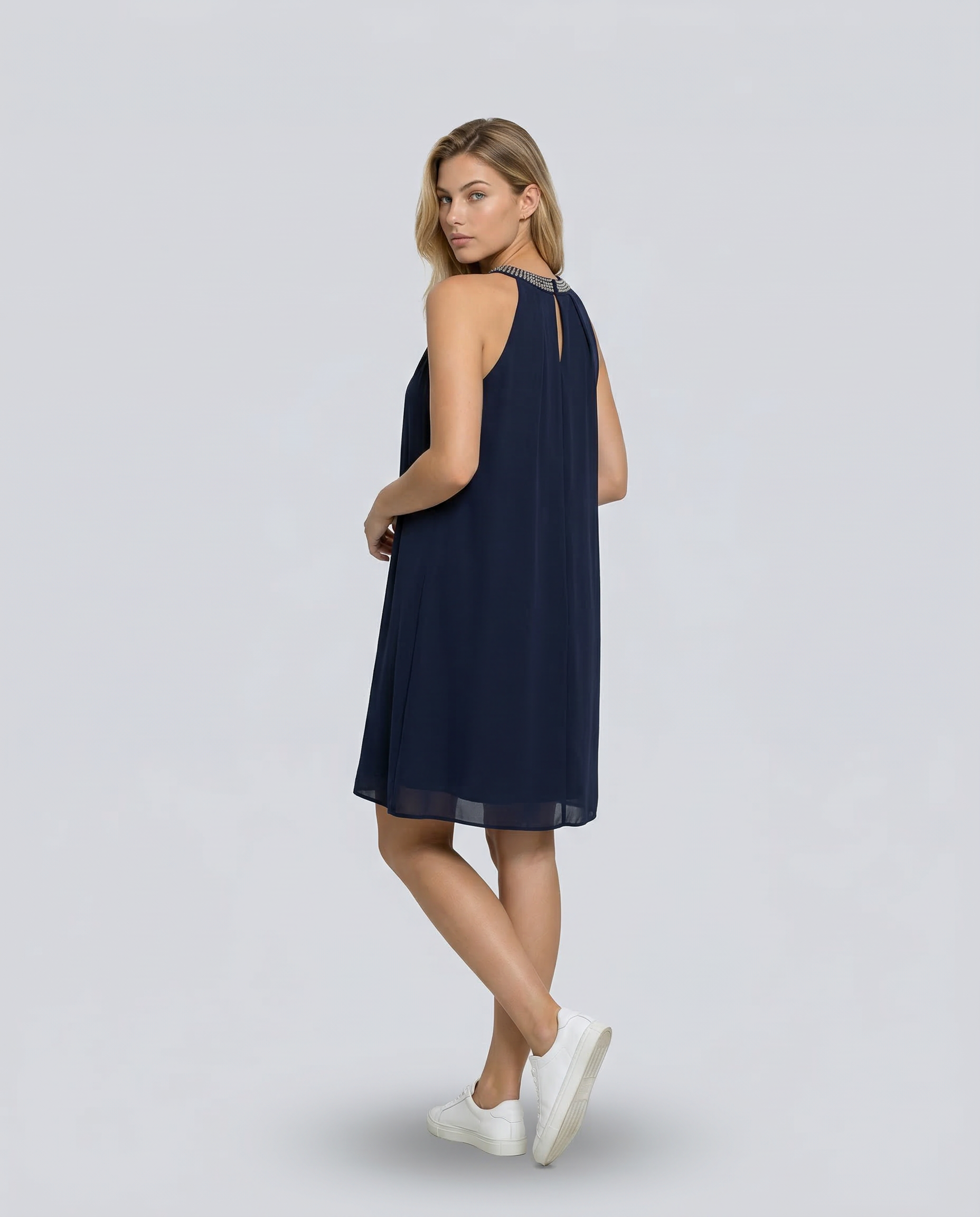 Women's Mini Dress Sleeveless Halter Neck with Embellished Trim and A-line Silhouette - 9