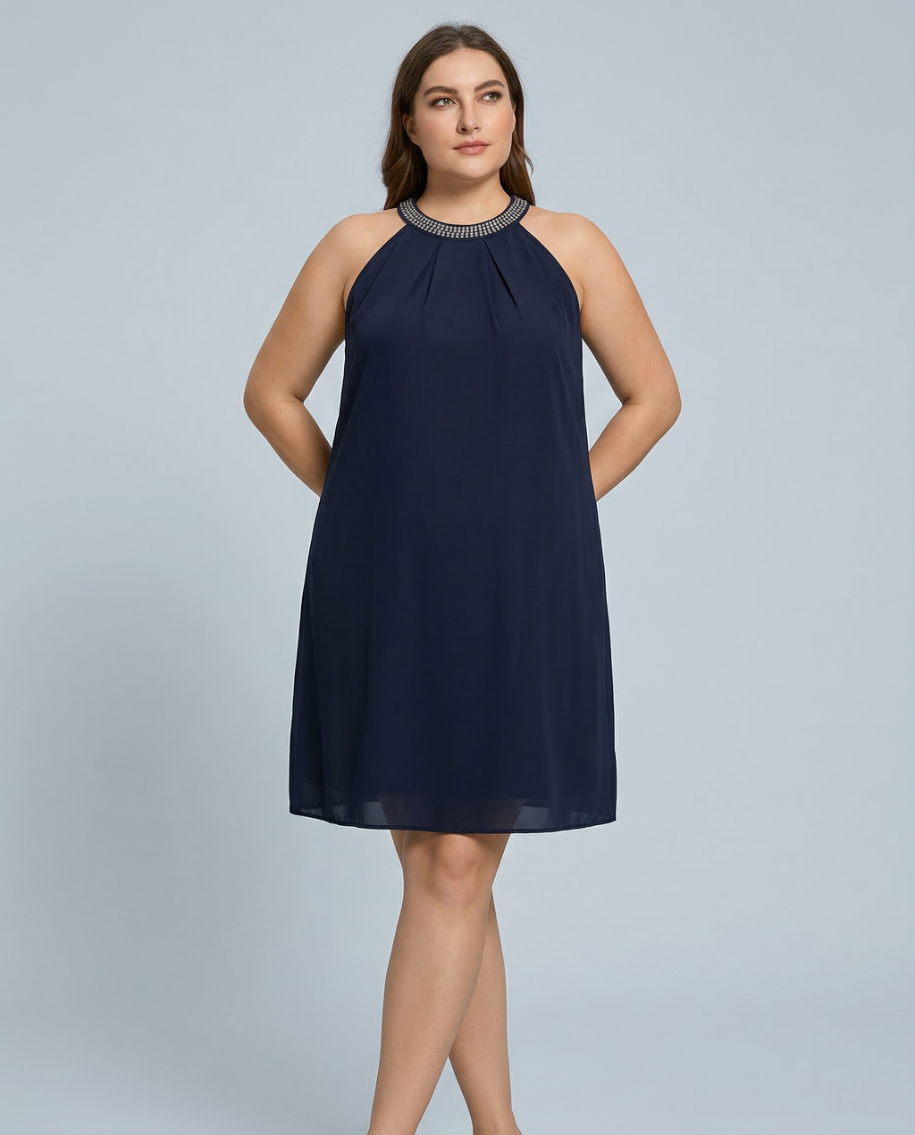 Women's Mini Dress Sleeveless Halter Neck with Embellished Trim and A-line Silhouette - 11