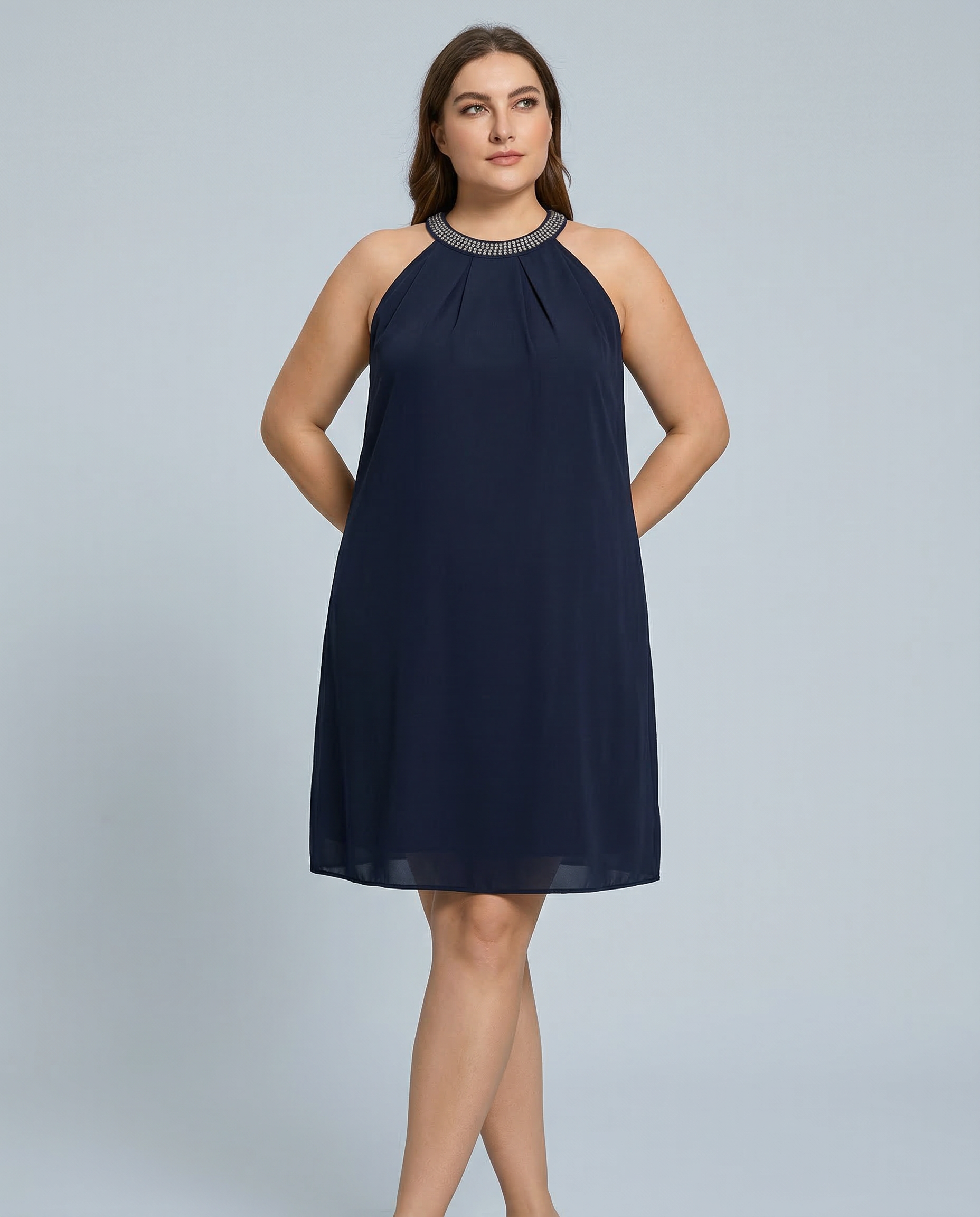 Women's Mini Dress Sleeveless Halter Neck with Embellished Trim and A-line Silhouette - 11