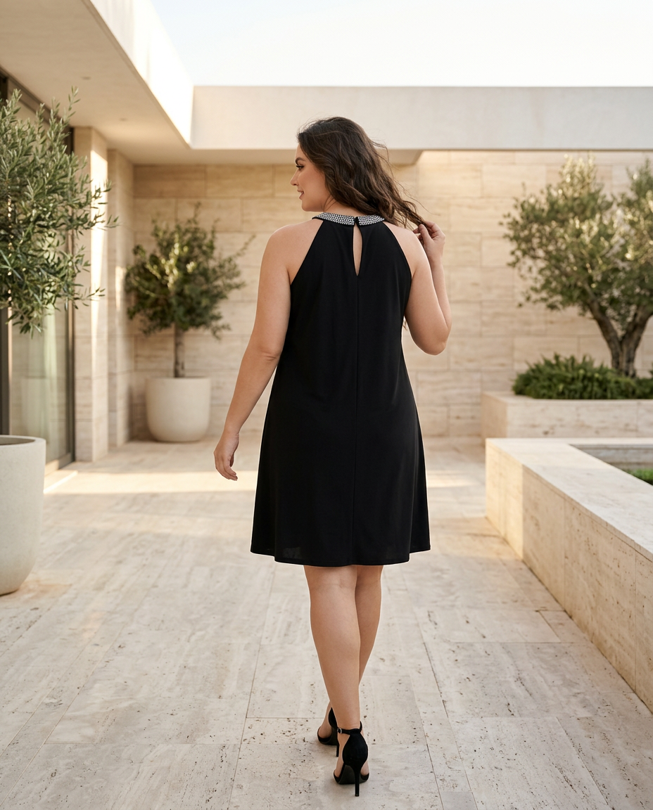 Women's Mini Dress Sleeveless Halter Neck with Embellished Trim and A-line Silhouette - 7