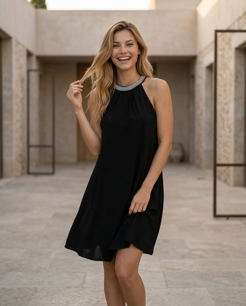 Women's Mini Dress Sleeveless Halter Neck with Embellished Trim and A-line Silhouette - 6