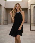 Women's Mini Dress Sleeveless Halter Neck with Embellished Trim and A-line Silhouette - 6