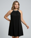Women's Mini Dress Sleeveless Halter Neck with Embellished Trim and A-line Silhouette - Black