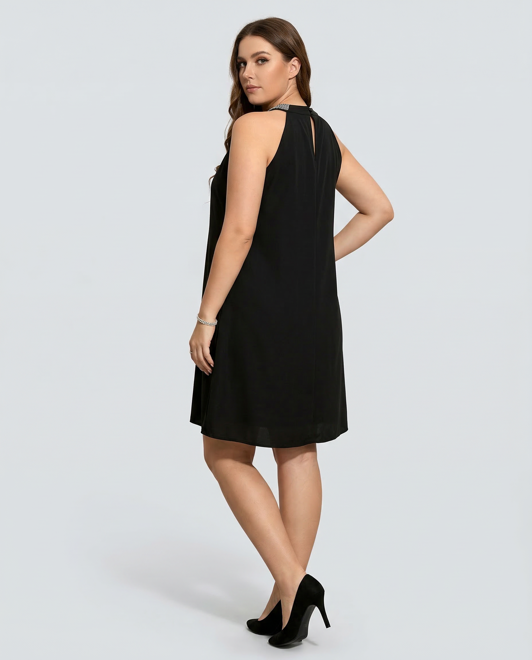 Women's Mini Dress Sleeveless Halter Neck with Embellished Trim and A-line Silhouette - 3