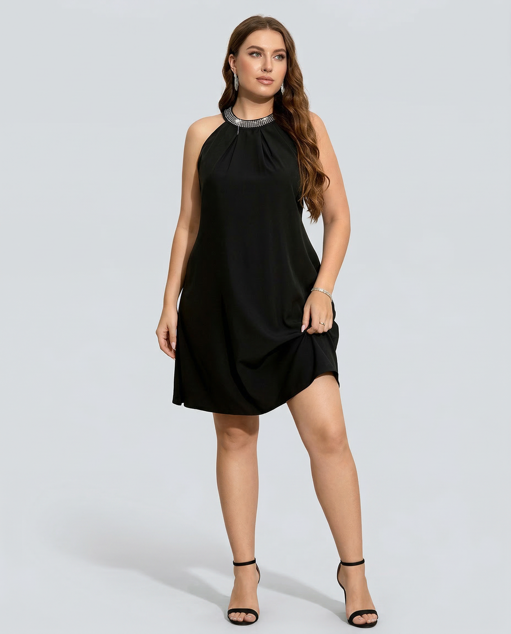 Women's Mini Dress Sleeveless Halter Neck with Embellished Trim and A-line Silhouette - 2