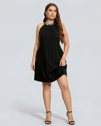 Women's Mini Dress Sleeveless Halter Neck with Embellished Trim and A-line Silhouette - 2