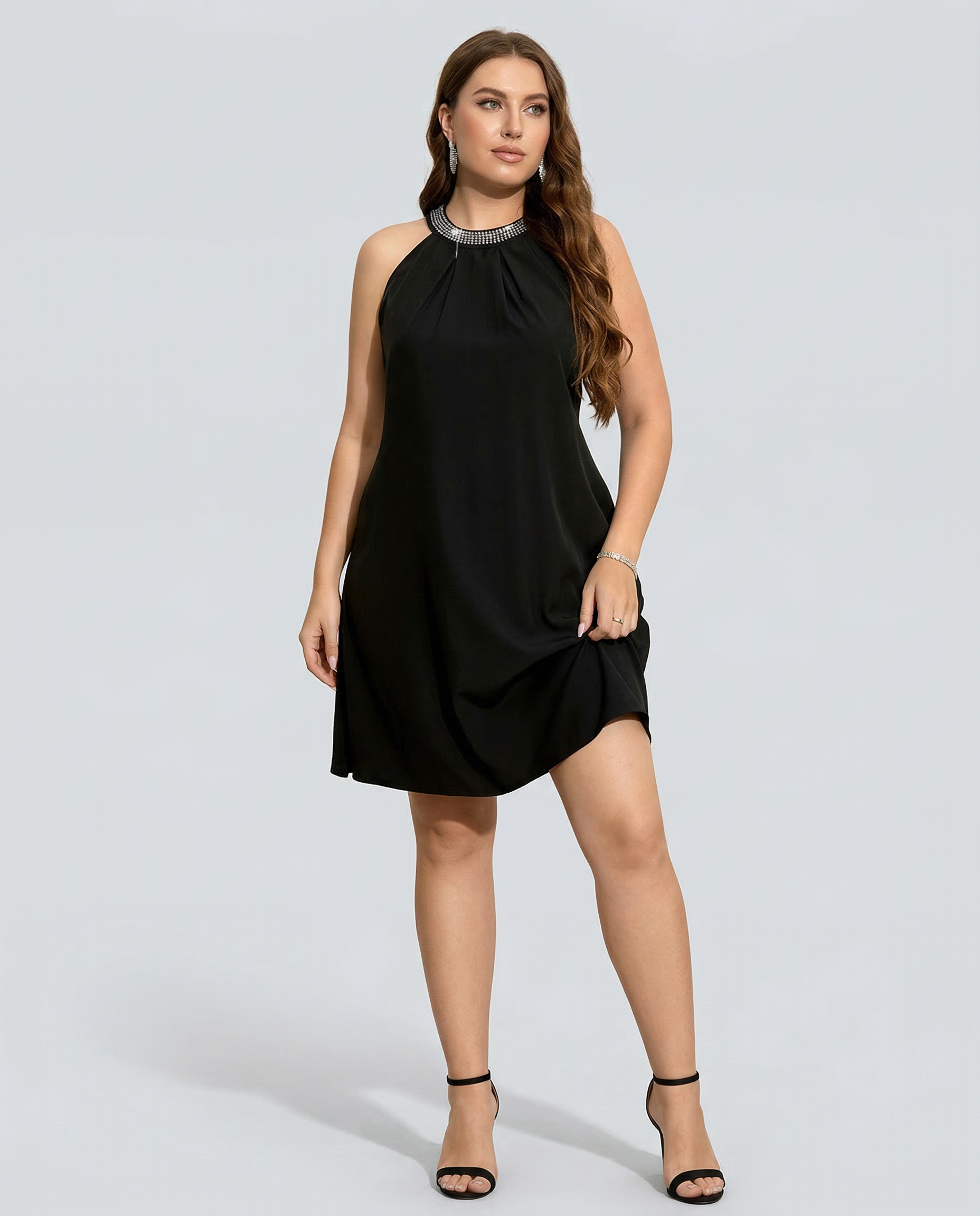 Women's Mini Dress Sleeveless Halter Neck with Embellished Trim and A-line Silhouette - 2
