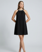 Women's Mini Dress Sleeveless Halter Neck with Embellished Trim and A-line Silhouette - 5