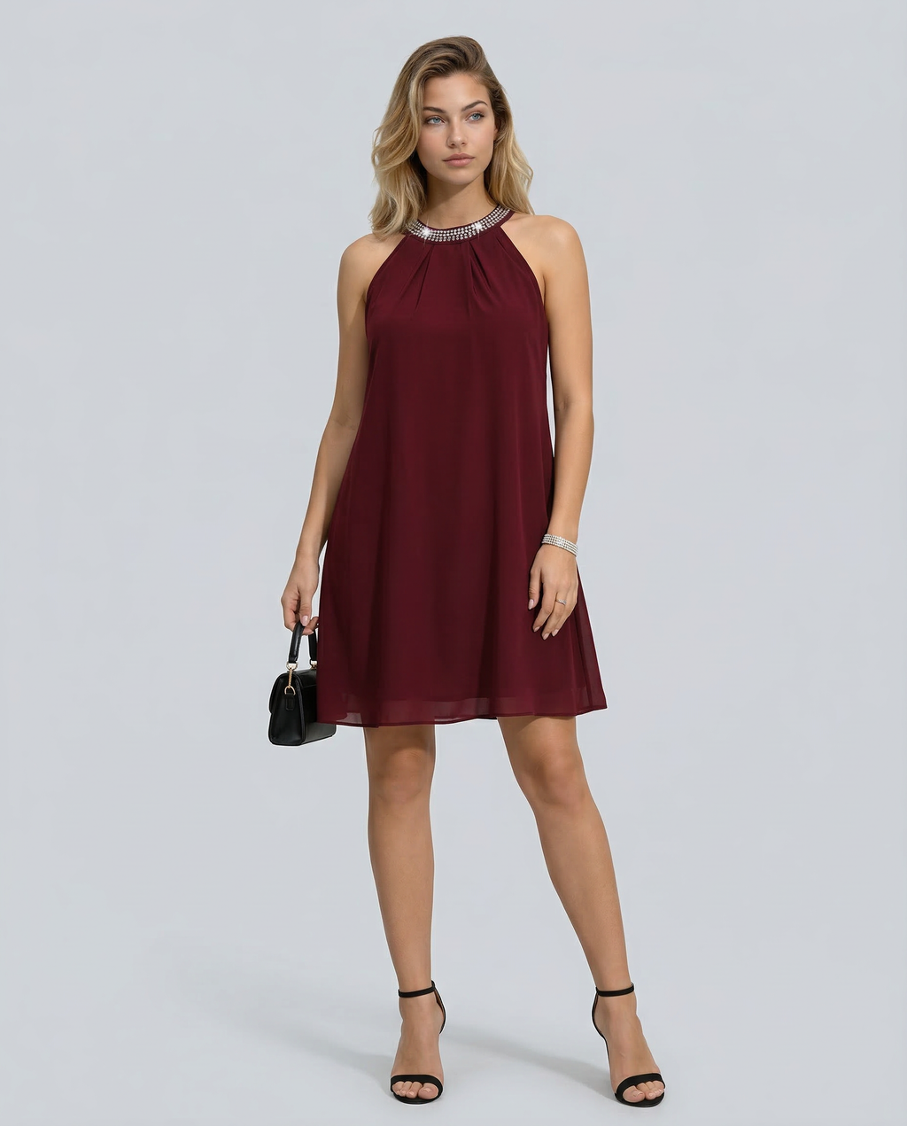 Women's Mini Dress Sleeveless Halter Neck with Embellished Trim and A-line Silhouette - 15