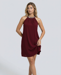 Women's Mini Dress Sleeveless Halter Neck with Embellished Trim and A-line Silhouette - Claret