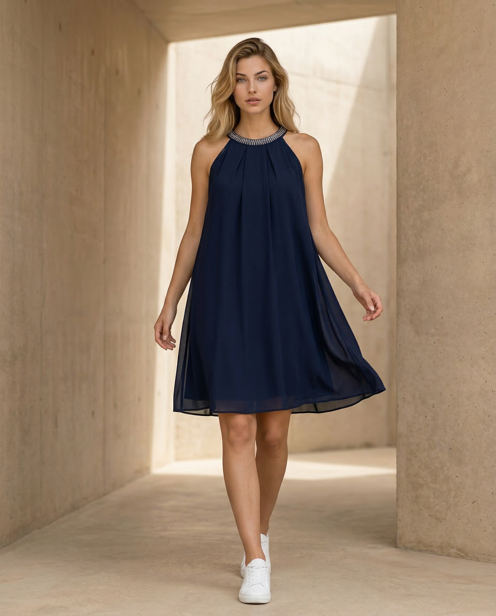 Women's Mini Dress Sleeveless Halter Neck with Embellished Trim and A-line Silhouette - 14