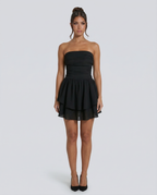Women's Strapless Mini Dress with Tiered Ruffle Skirt - Black